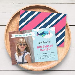 Pink, Blue and Teal Airplane Photo Birthday Party Invitation