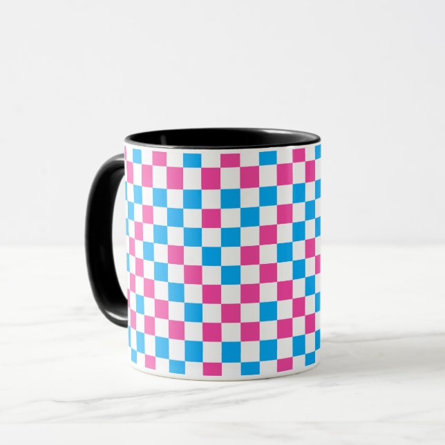 Pink Blue And White Checkered Pattern  Mug (Front Left)