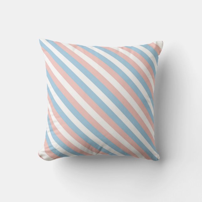 Pink, Blue and White Diagonal Stripe Throw Pillow (Front)