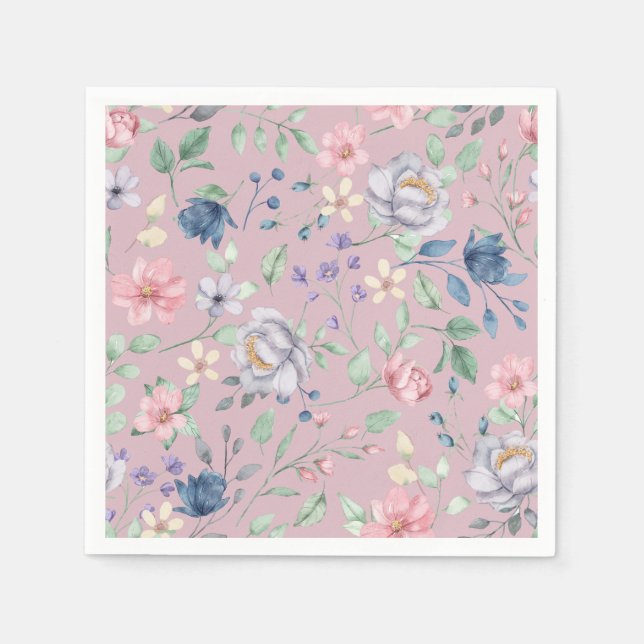 Pink Blue and Yellow Floral Purple Napkins (Front)
