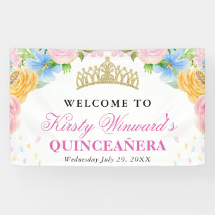 Pink, Blue and Yellow Summer Flowers Quinceanera Banner