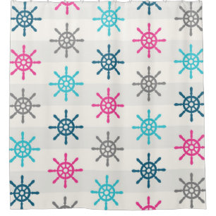 Pink Blue Aqua Grey Nautical Wheel Shower Curtain