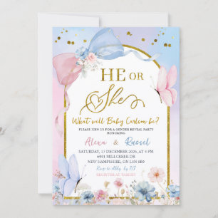 Pink Blue Arch Coquette Butterfly Gender Reveal Invitation