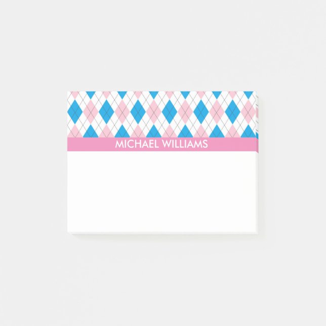 Pink & Blue Argyle Pattern with Pink Stripes Post-it Notes (Front)