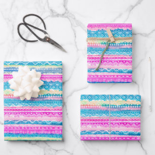 Pink & Blue Aztec Indian Pattern Wrapping Paper Sheets