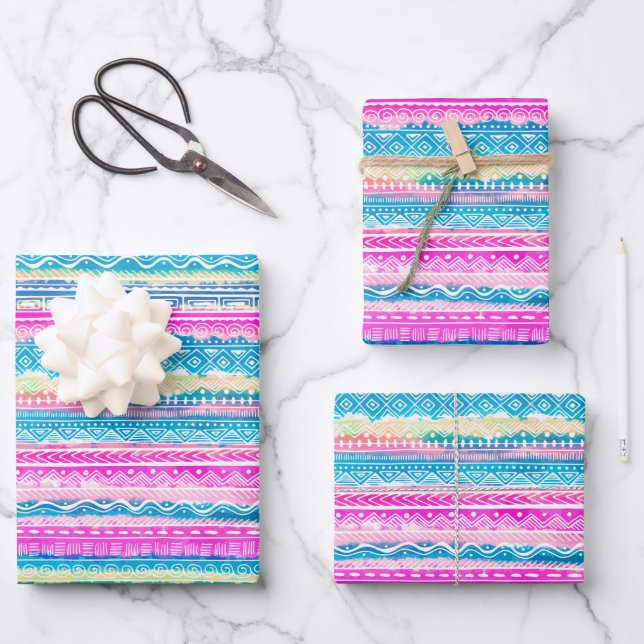Pink & Blue Aztec Indian Pattern Wrapping Paper Sheets (Front)