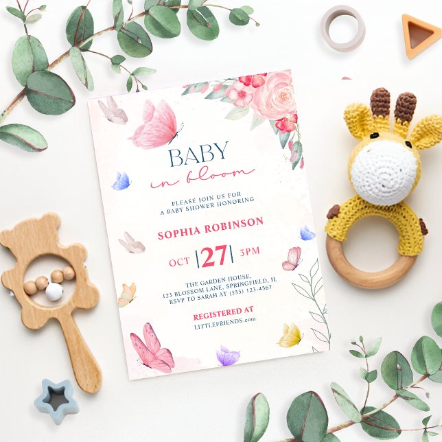 Pink Blue Baby in Bloom Butterflies Wildflower Invitation (Creator Uploaded)