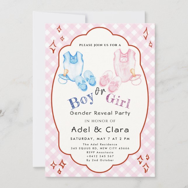 Pink & Blue Baby Shoes Theme Invitation (Front)