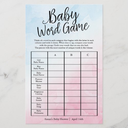 Pink  Blue Baby Word Game Shower Paper Game Card