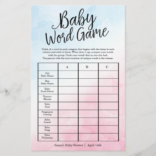 Pink  Blue Baby Word Game Shower Paper Game Card