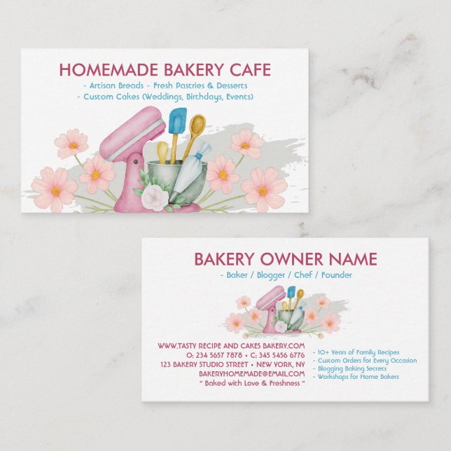 Pink & Blue Baking & Cooking Utensil Bakery Business Card (Front/Back)