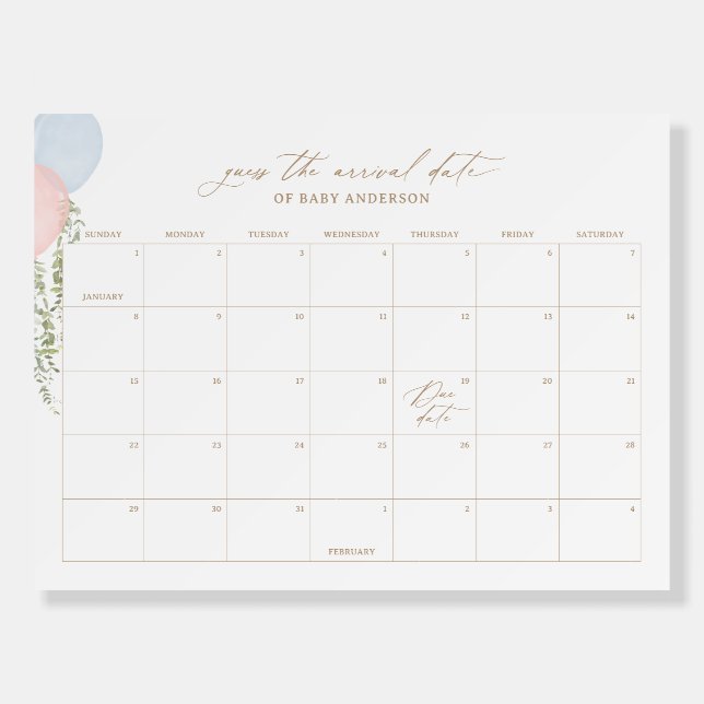 Pink Blue Balloon Baby Shower Due Date Calendar Foam Board (Front)