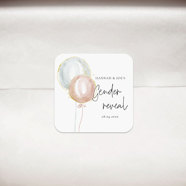 Pink & Blue Balloon Gender Reveal Favor Party Square Sticker (Creator Uploaded)