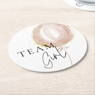 Pink & Blue Balloon Gender Reveal Team Girl Round Paper Coaster
