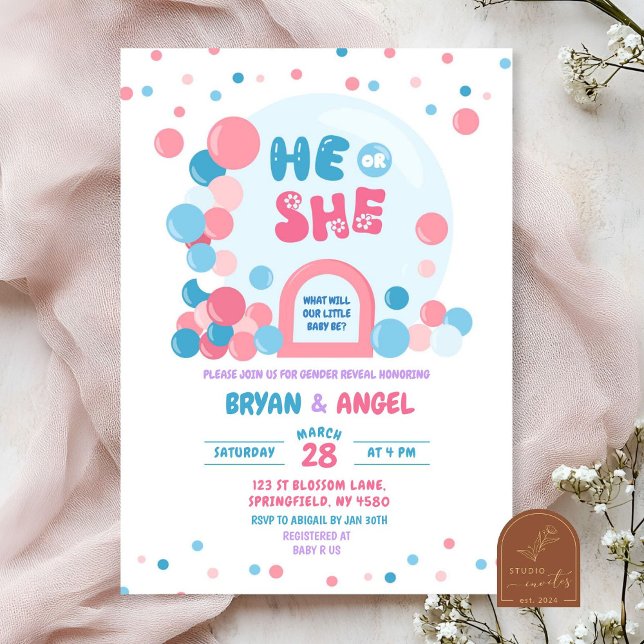Pink Blue Balloon Giant Bubble Dom Gender Reveal Invitation (Creator Uploaded)