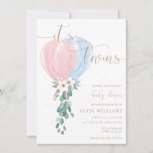 Pink Blue Balloon It's Twins Baby Shower Invitation