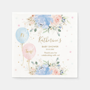 Pink Blue Balloons Floral It's Twins Baby Shower Napkins