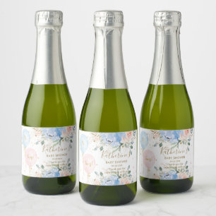 Pink Blue Balloons Floral It's Twins Baby Shower Sparkling Wine Label