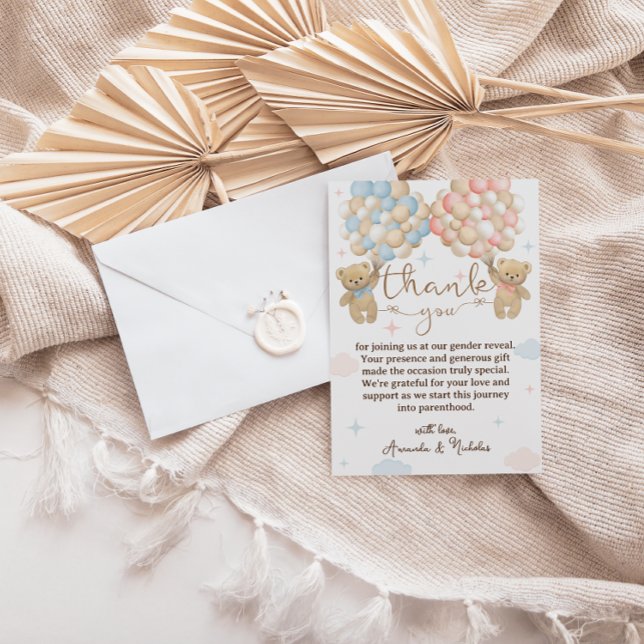Pink Blue Balloons Gender Reveal Thank You Card (Creator Uploaded)