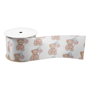 Pink & Blue Balloons & Teddy Bear Baby Girl Satin Ribbon