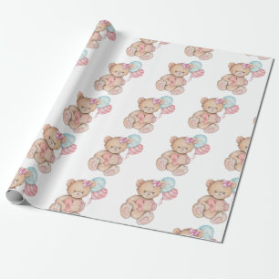 Pink & Blue Balloons & Teddy Bear Baby Girl Wrapping Paper