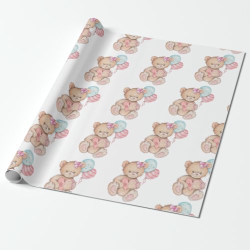 Pink  Blue Balloons  Teddy Bear Baby Girl Wrapping Paper