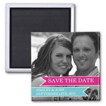 Pink & Blue Banner Photo Save The Date Magnet by AllyJCat at Zazzle