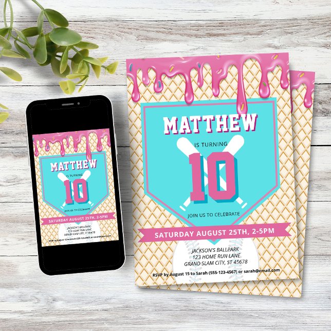 Pink Blue Baseball Drip Birthday Party Any Age Invitation (Baseball Drip Birthday Party Invitation)