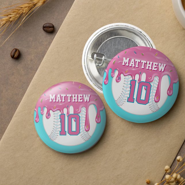 Pink & Blue Baseball Drip Button (Pink and blue baseball drip badge)