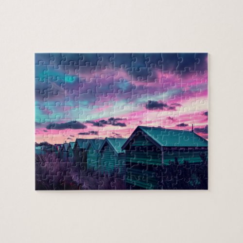 Pink Blue Beach Sunset Jigsaw Puzzle