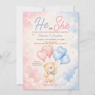 Pink & Blue Bear He or She Gender Reveal Balloon Invitation