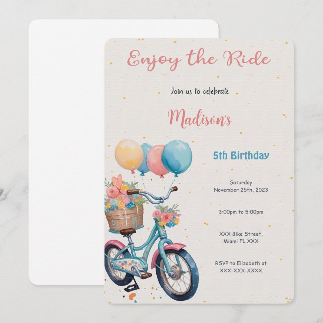 Pink & Blue Bike Birthday Invitation (Front/Back)
