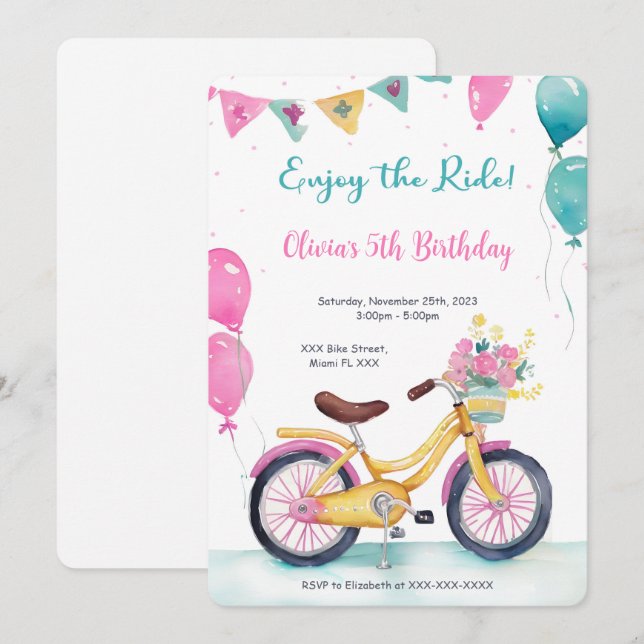 Pink & Blue Bike Birthday Party Invitation (Front/Back)