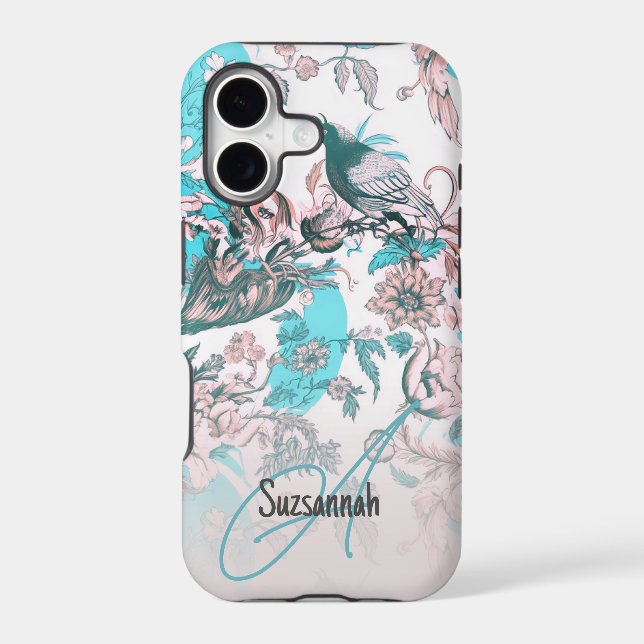 Pink Blue Bird and Floral Pattern Custom Monogram iPhone Case (Back)