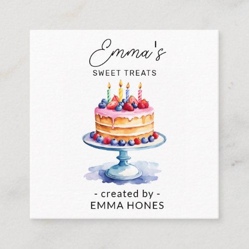 Pink  blue Birthday cake modern watercolor bakery Square Business Card