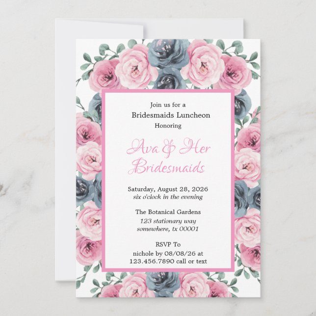 Pink & Blue Blooms Bouquet Bridesmaids Luncheon Invitation (Front)