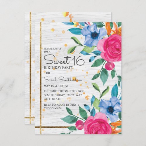 Pink Blue Boho Floral Gold White Text Sweet 16 Invitation