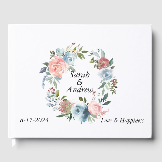 Pink Blue Boho Greenery Wreath Wedding  Guest Book (Front)