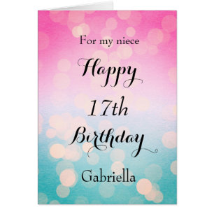 Pink Blue Bokeh Niece 17th Birthday Cards