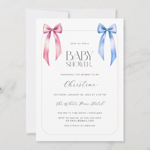 Pink Blue Bow Gender Neutral Baby Shower Invitation