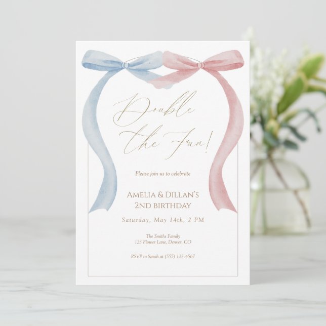 Pink blue bow Twin Birthday Invitation (Standing Front)