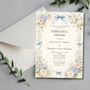 Pink Blue Bow Watercolor Florals Rehearsal Dinner  Invitation