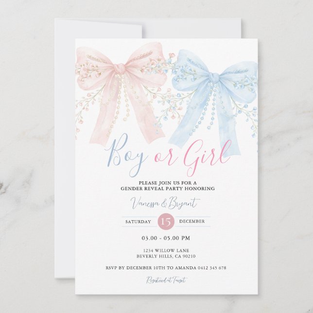 Pink & Blue Bow Watercolor Reveal Party Invitation (Front)