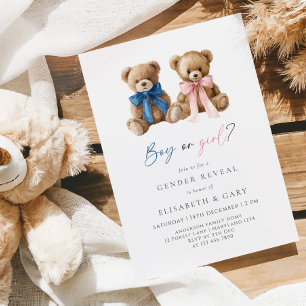 Pink & Blue Bows Bear Gender Reveal Invitation