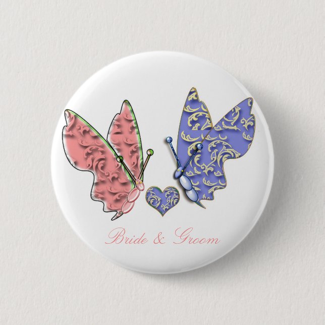 Pink & Blue Bride & Groom Butterflies so Cute Button (Front)