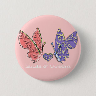 Pink & Blue Bride & Groom Butterflies so Cute Button