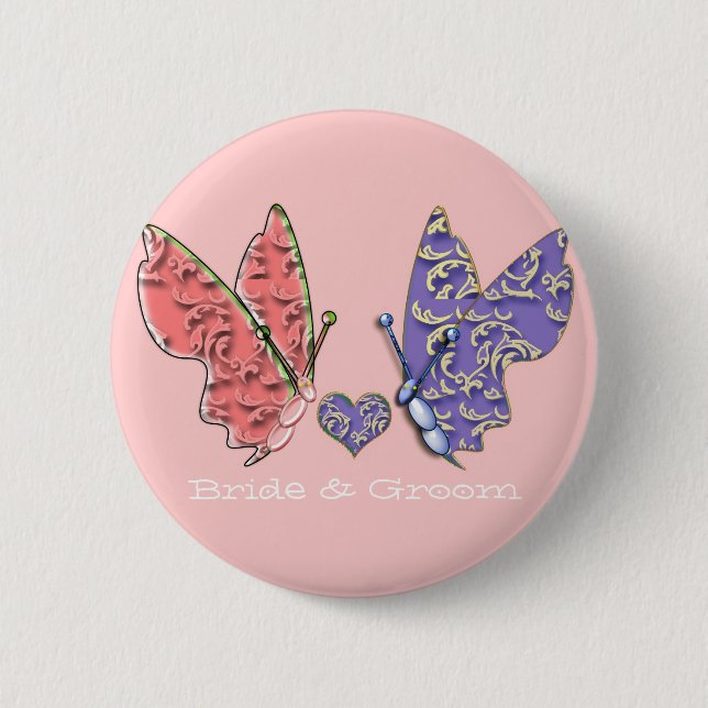 Pink & Blue Bride & Groom Butterflies so Cute Button (Front)
