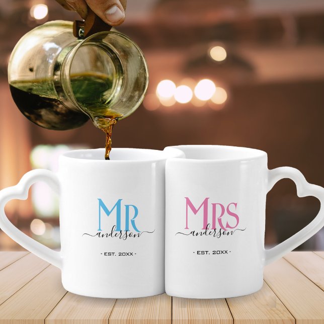 Pink & Blue Bride Groom Mr Mrs Wedding Anniversary Coffee Mug Set (pink and blue mr and mrs husband and wife wedding gift mug set)