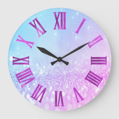 Pink Blue Bright Glitter Metallic Roman Numers Large Clock