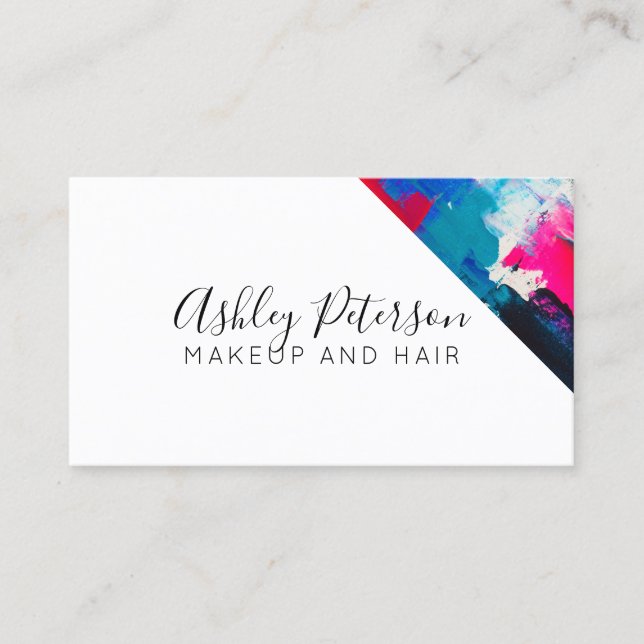 Pink blue brushstrokes makeup typography business card (Front)